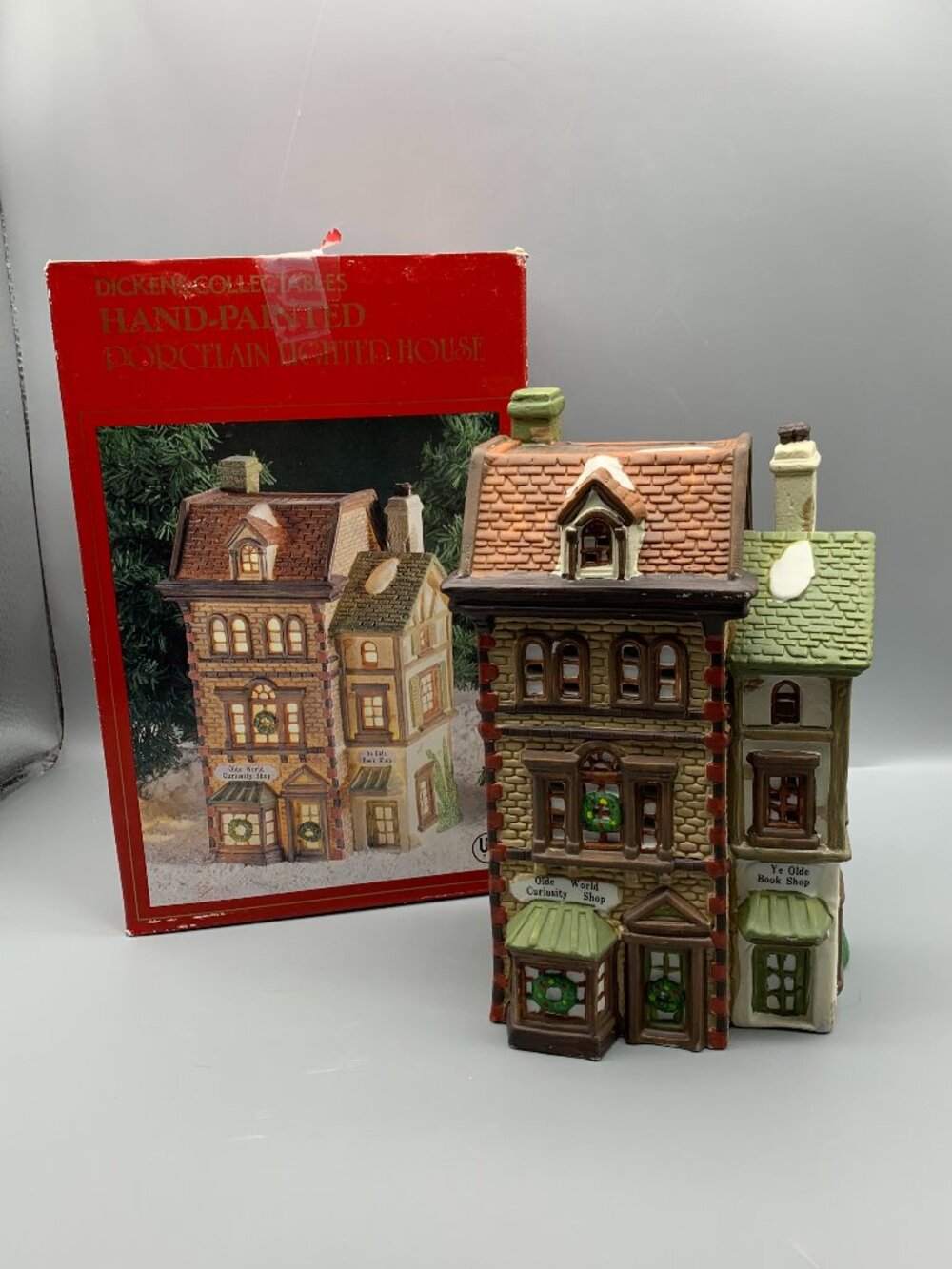 Dickens Collectables Porcelain Lighted Ye Olde Book Shop & Curiosity Shop in Box